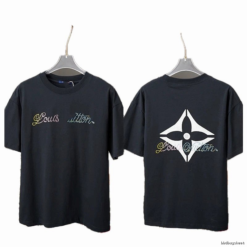 Louis Vuitton Trendy Style Black T-shirt with Hot-fix Rhinestones
