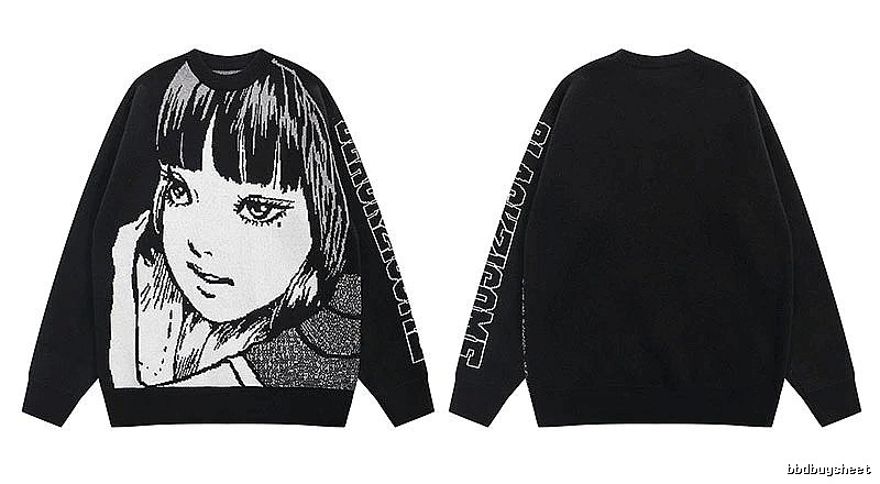 Relaxed Anime graphic sweater Black Knit Top with Versatile Design