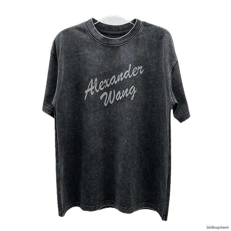 Alexander Wang Distressed Charcoal Gray Rhinestone-embellished Short Sleeve T-Shirt