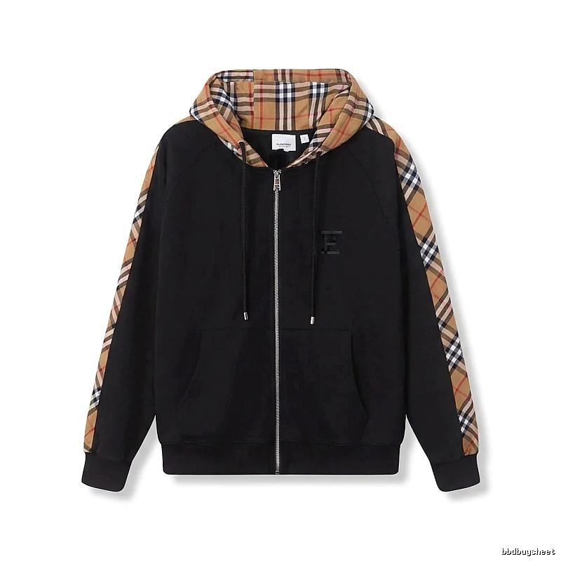 Burberry checkered pattern spliced black hoodie