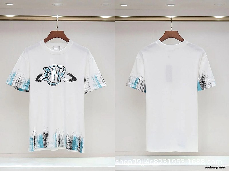 Dior Graffiti Collection Street Style White and Blue Short-sleeve T-shirt