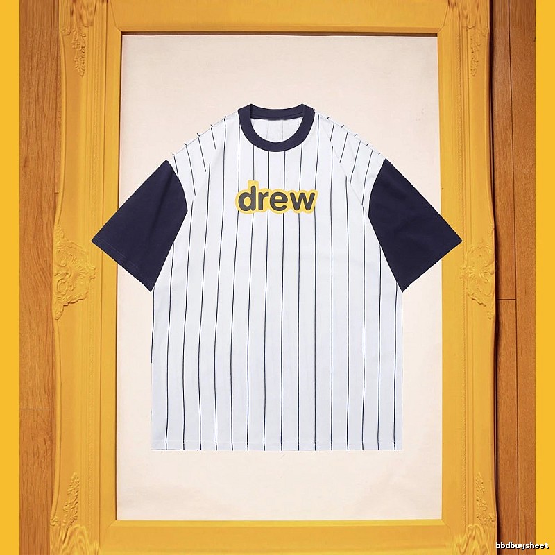 DREW Letter Print Street Style White and Navy Blue Short Sleeve T-Shirt