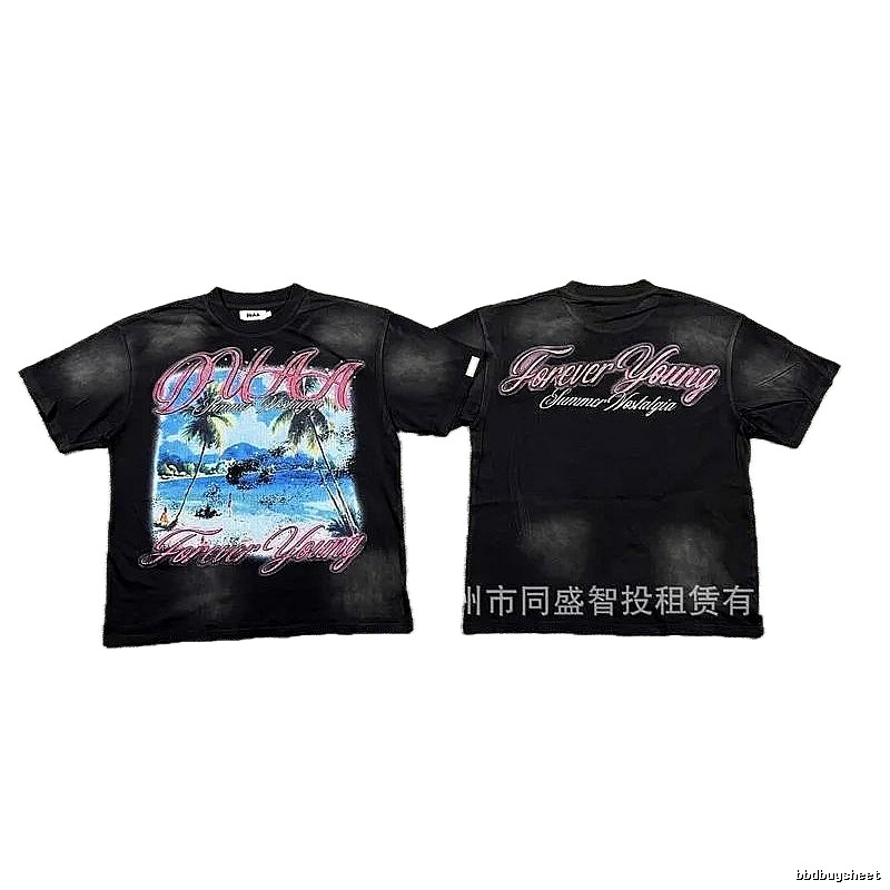 DUAA Beach Print Vintage Style Black T-shirt