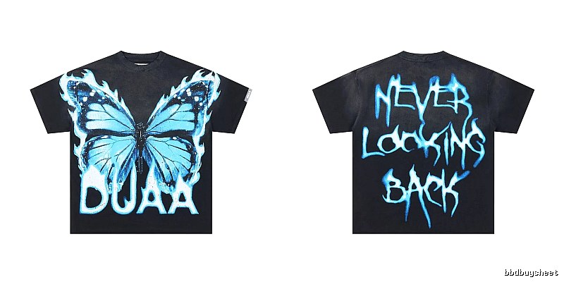 DUAA Butterfly Print Street Style Black and Blue Short-sleeved T-shirt