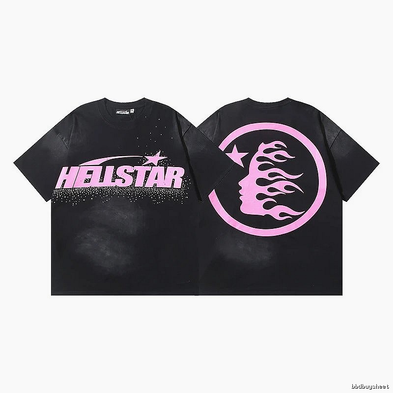 Hellstar Flame Print Street Style Black and Pink T-shirt