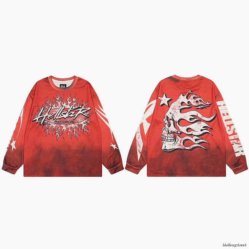 Hellstar Skull Flame Street Style Red Long Sleeve T-shirt