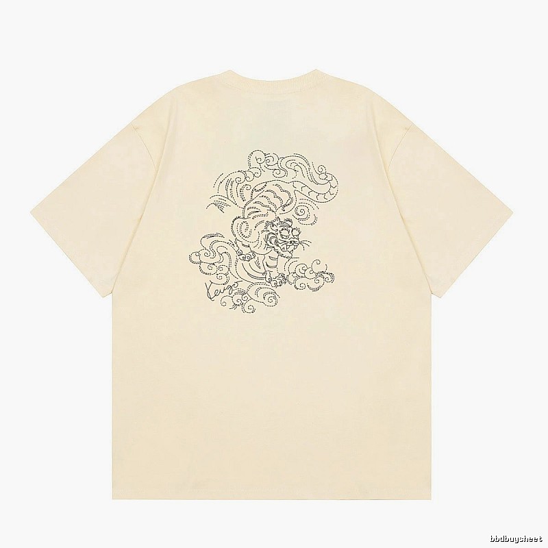 KENZO Auspicious Cloud Tiger Embroidery Chinese Style Beige Apricot Short Sleeve T-Shirt