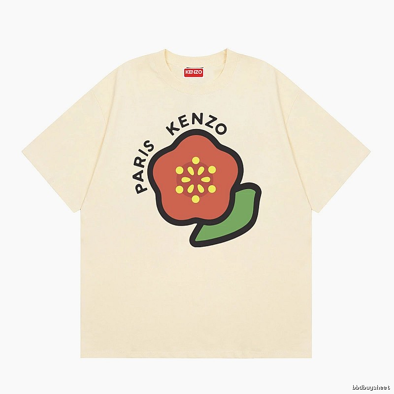 KENZO Begonia Print Casual Style Beige Short Sleeve T-Shirt