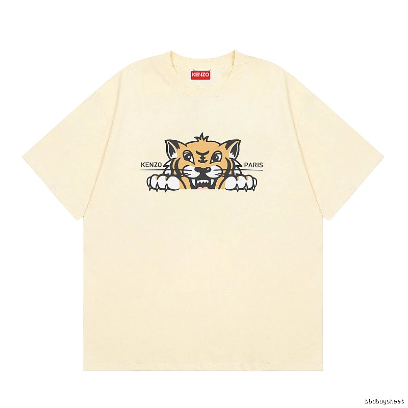 KENZO Tiger Head Print Streetwear Style Beige Short Sleeve T-Shirt