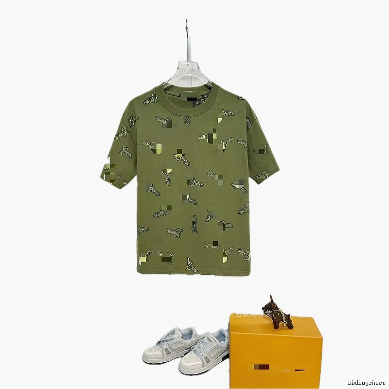 Louis Vuitton All-over Print Streetwear Military Green Short-sleeve T-shirt