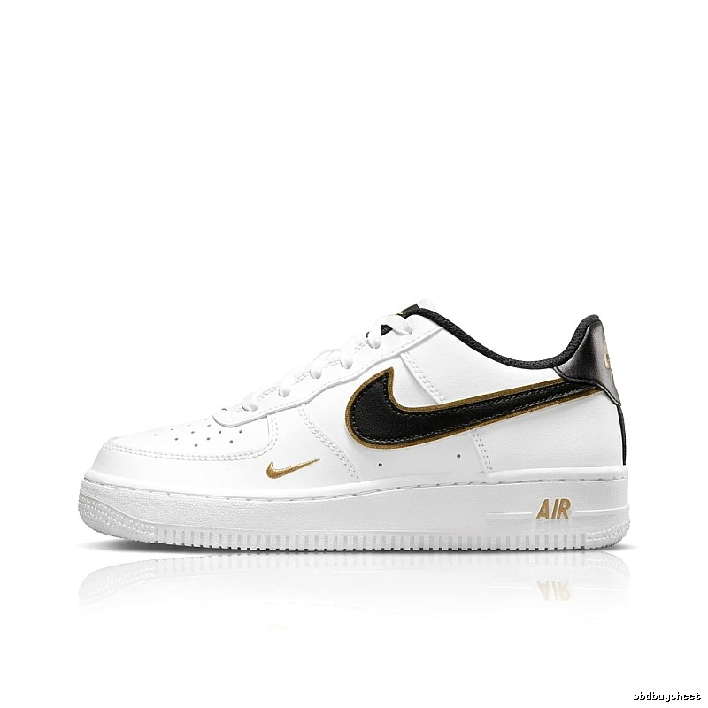 Nike Air Force 1 black, white and gold sports shoes.