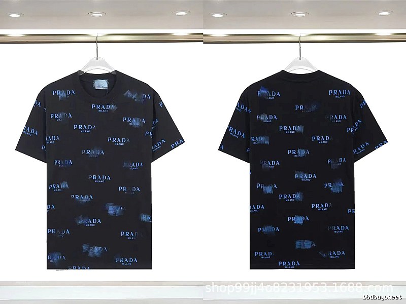 Prada All-over Printed Streetwear Style Black Short-sleeve T-shirt