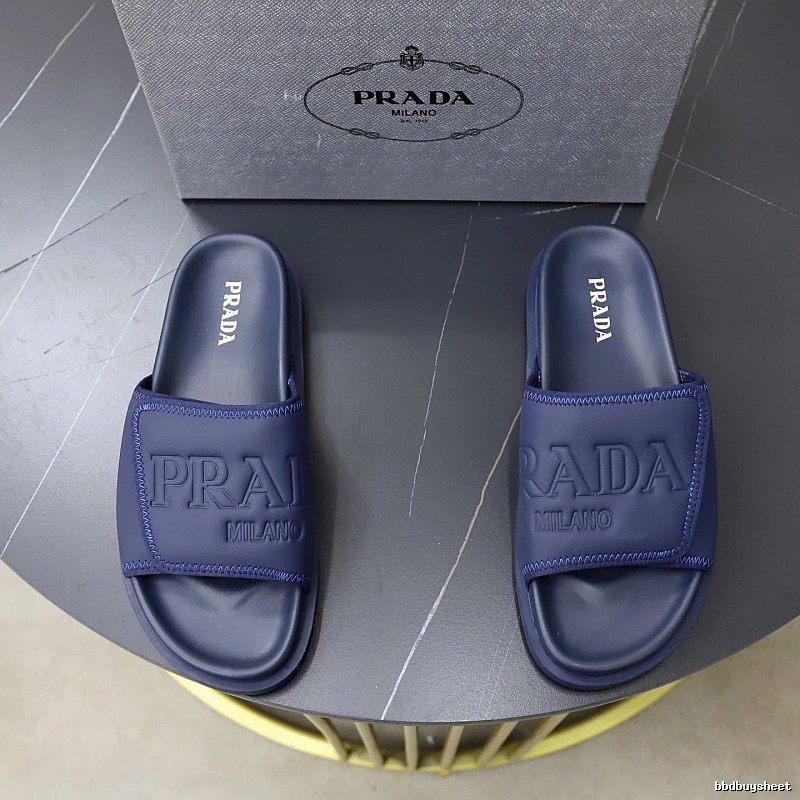 Prada Embossed Collection Minimalist Style Dark Blue Slide Sandals