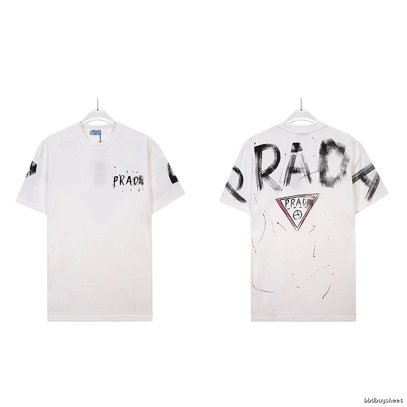 Prada Triangle Logo Graffiti Street Style White Short-sleeve T-shirt
