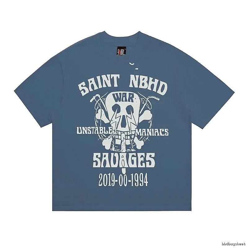 SAINT Skull Print Vintage Grey-Blue Short Sleeve T-Shirt