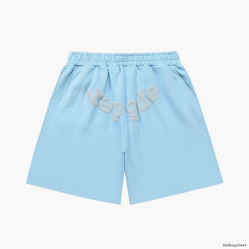 Sp5der letter-style light blue shorts
