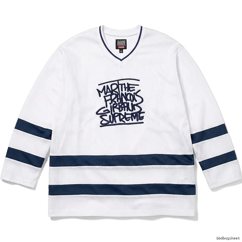 Supreme graffiti-style white and blue jersey