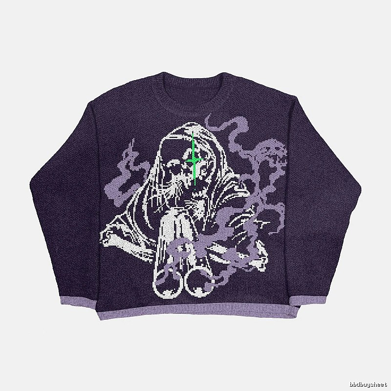 Travel Anime graphic sweater Black Knit Top with Soft Visual Tone