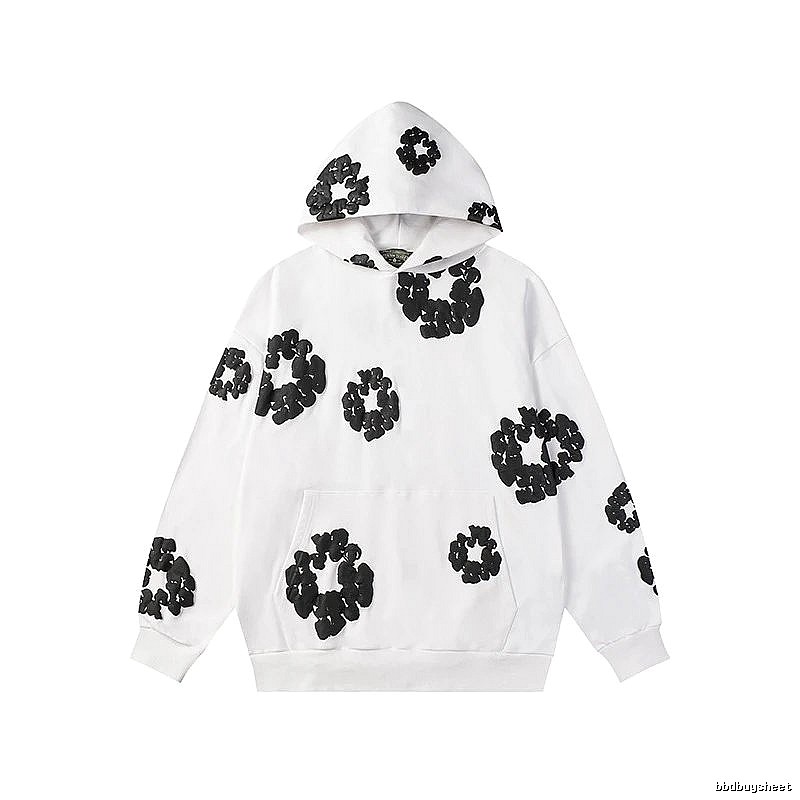 White Hoodie with Black Flower Pattern