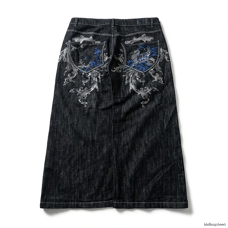 Y2K Style Deep Blue Embroidered Denim Skirt